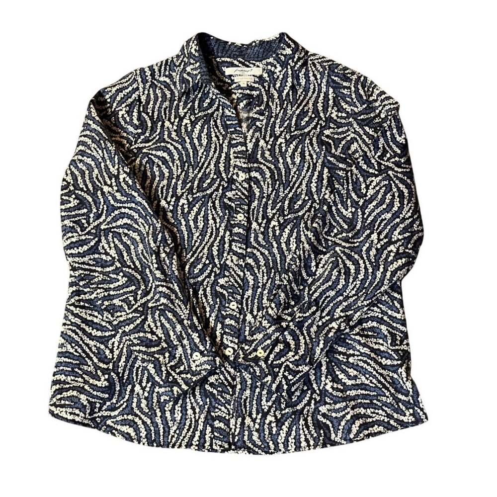 Foxcroft No-Iron Shirt Women's 14 Blue Black White Print Long Sleeve Used - Picture 3 of 12